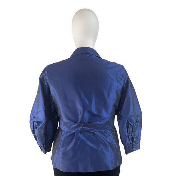 Lafayette 148 Blue Womens Button-Up Satin Blouse With Bow Belt 3/4 Sleeves Sz 18