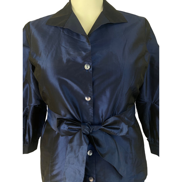 Lafayette 148 Blue Womens Button-Up Satin Blouse With Bow Belt 3/4 Sleeves Sz 18