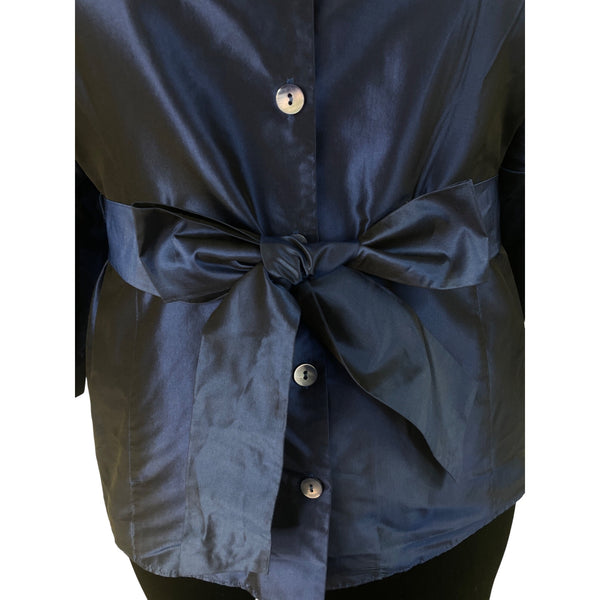 Lafayette 148 Blue Womens Button-Up Satin Blouse With Bow Belt 3/4 Sleeves Sz 18