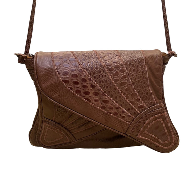 Brown Faux Crocodile Leather Unique Fold-Over Crossbody Bag