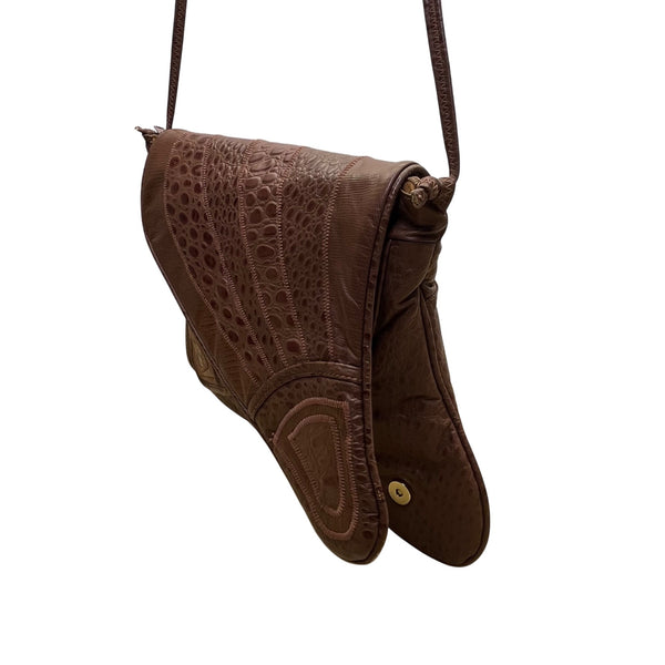 Brown Faux Crocodile Leather Unique Fold-Over Crossbody Bag