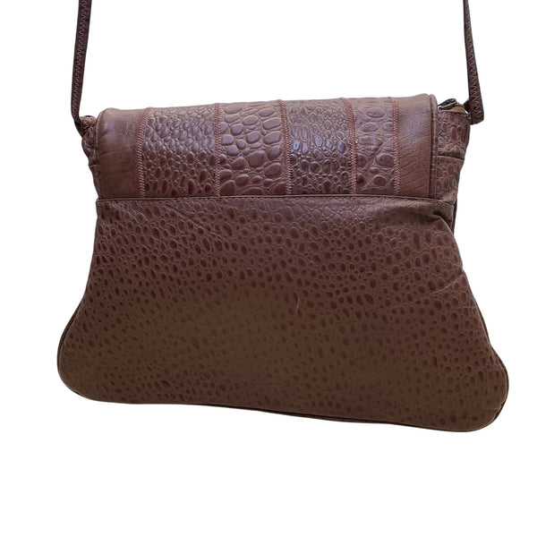 Brown Faux Crocodile Leather Unique Fold-Over Crossbody Bag
