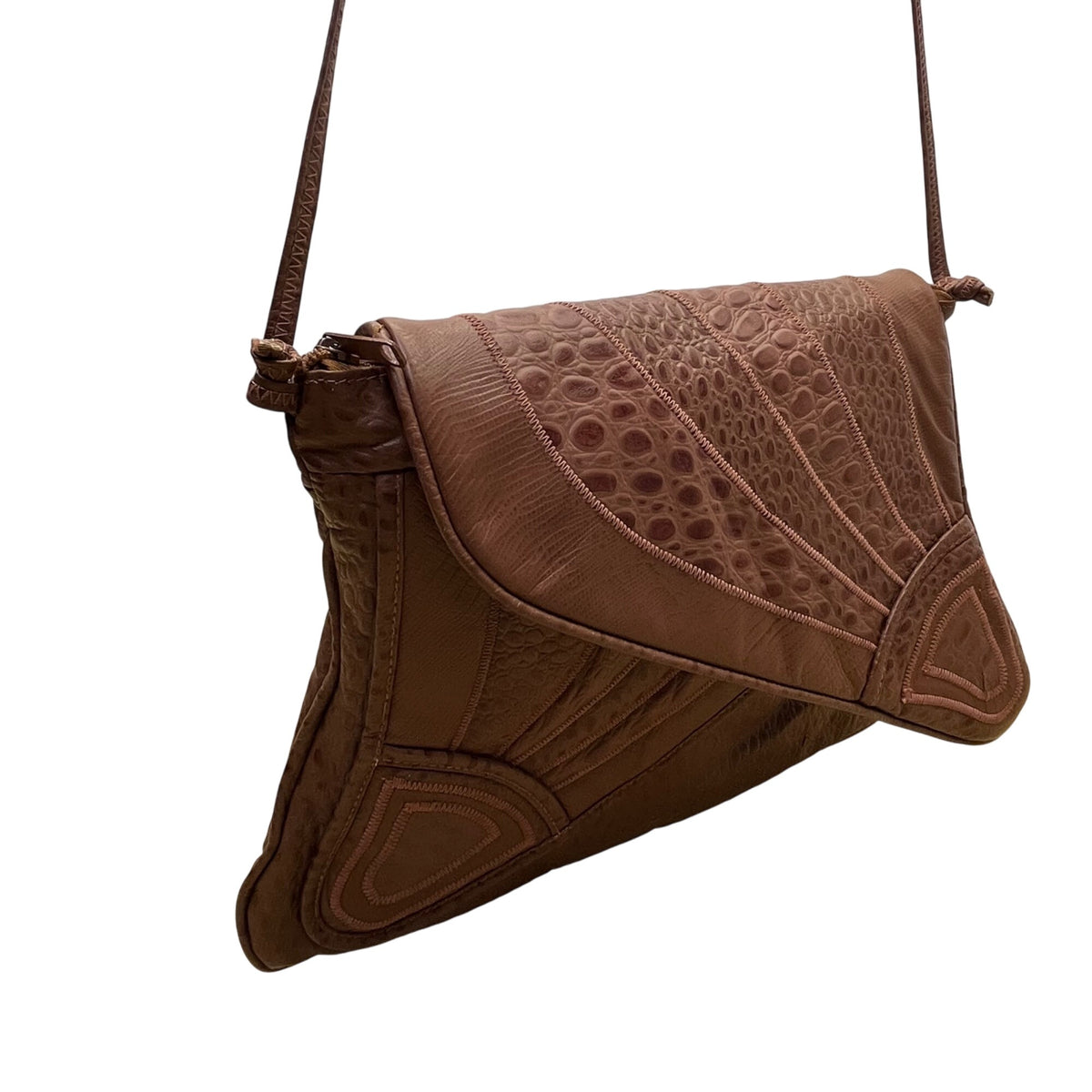 Brown Faux Crocodile Leather Unique Fold-Over Crossbody Bag