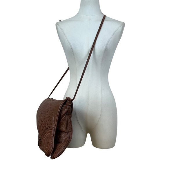 Brown Faux Crocodile Leather Unique Fold-Over Crossbody Bag