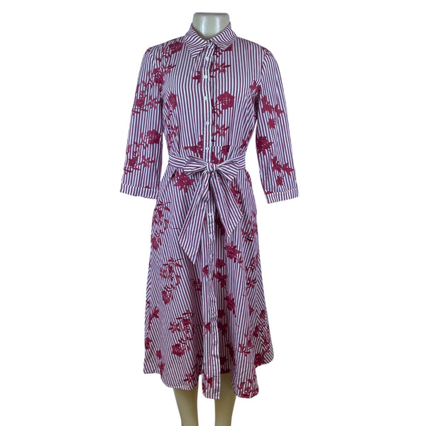 Zara Striped Floral Midi Dress Button Front Tie Waist Red & White Women Size S