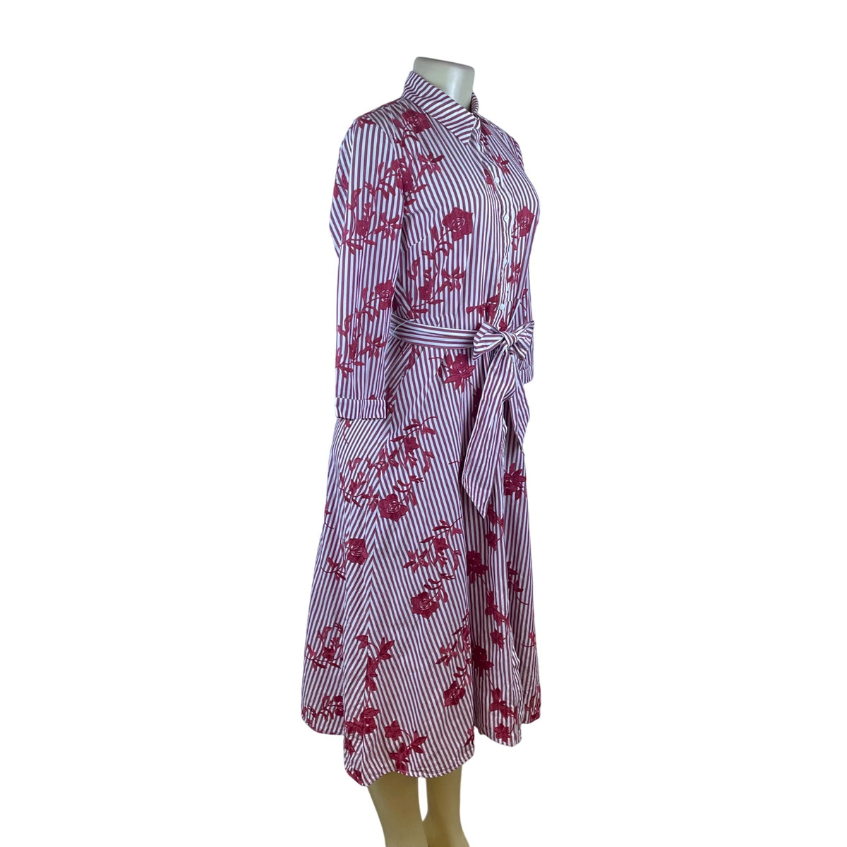 Zara Striped Floral Midi Dress Button Front Tie Waist Red & White Women Size S