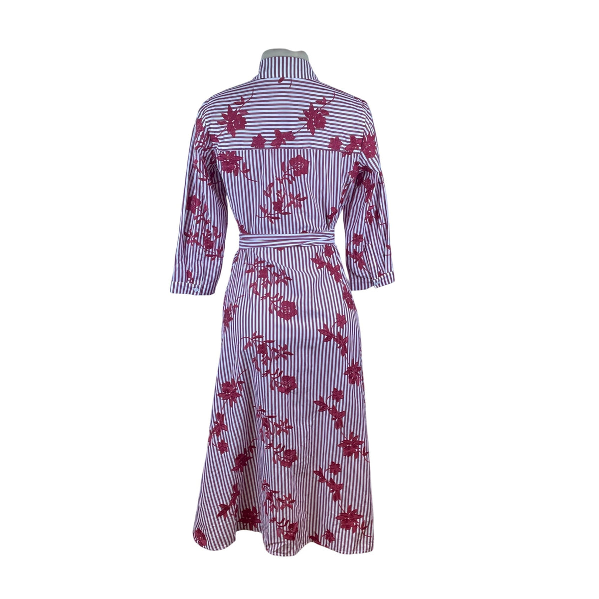 Zara Striped Floral Midi Dress Button Front Tie Waist Red & White Women Size S