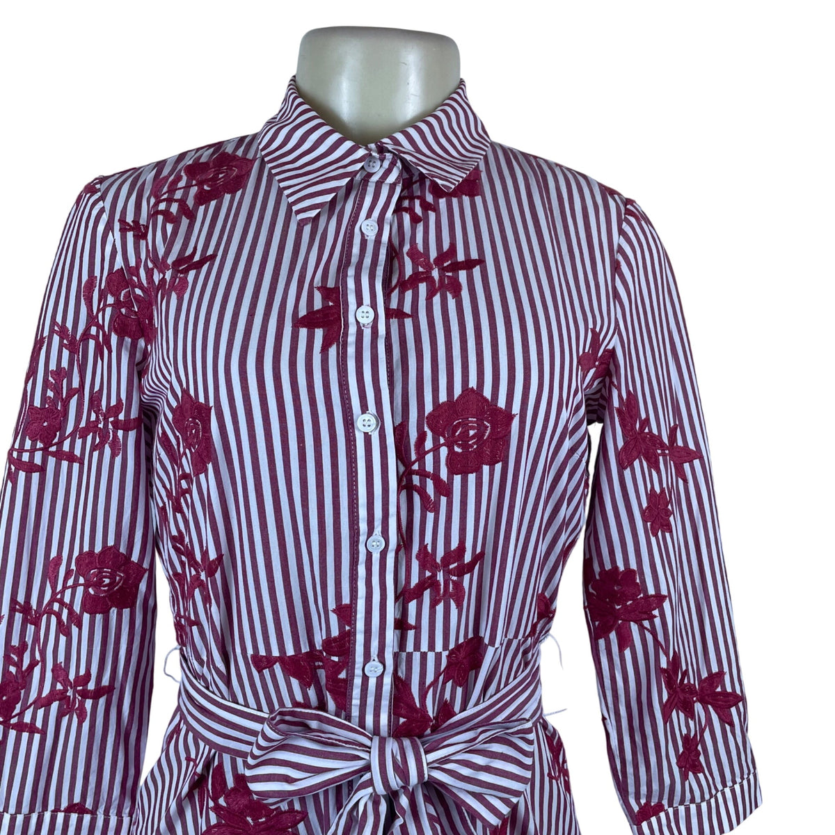 Zara Striped Floral Midi Dress Button Front Tie Waist Red & White Women Size S