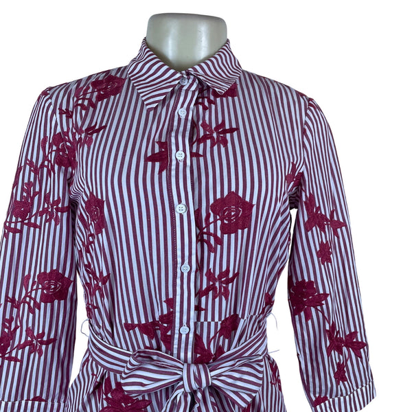 Zara Striped Floral Midi Dress Button Front Tie Waist Red & White Women Size S