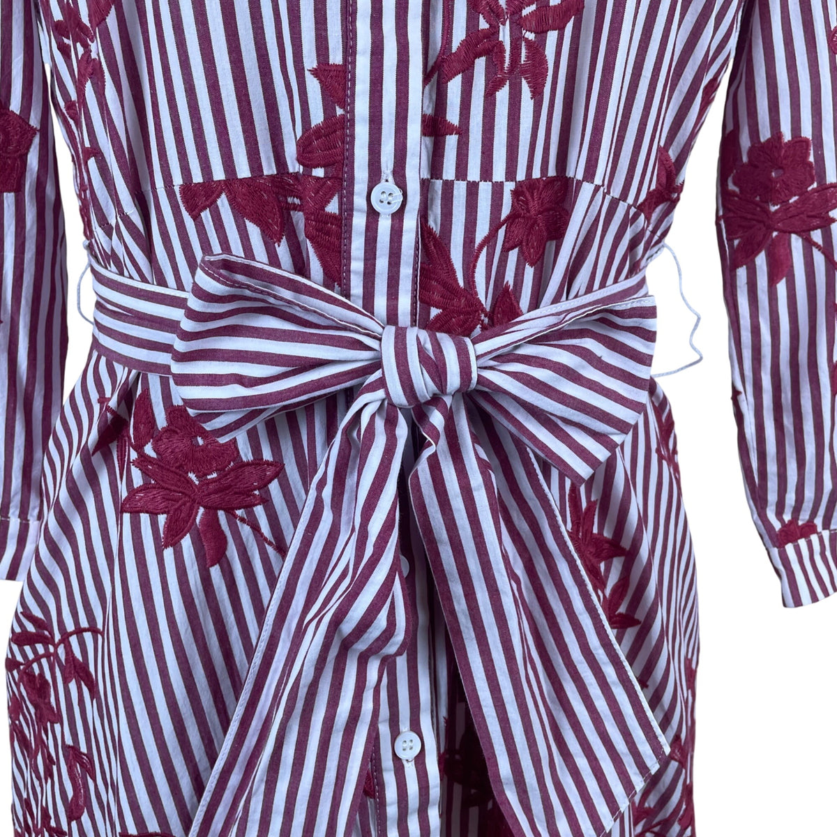 Zara Striped Floral Midi Dress Button Front Tie Waist Red & White Women Size S