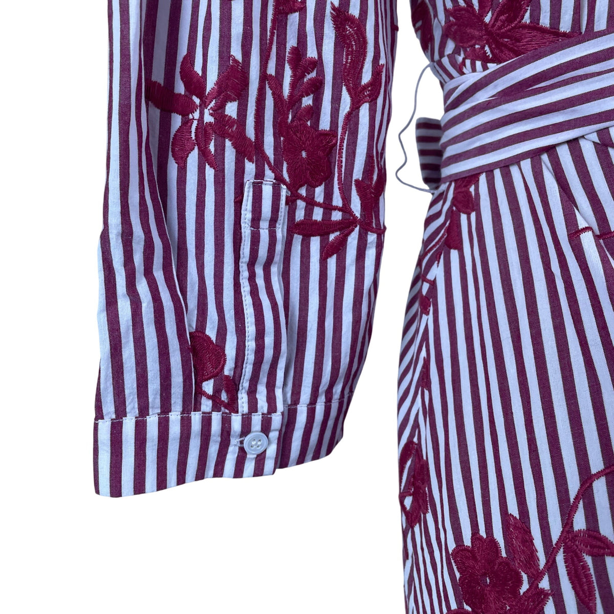 Zara Striped Floral Midi Dress Button Front Tie Waist Red & White Women Size S