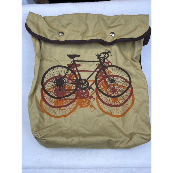 Current Unisex Yellow Canvas Backpack Brown Trim Bicycle Design Adjustable Straps Vintage