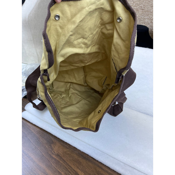 Current Unisex Yellow Canvas Backpack Brown Trim Bicycle Design Adjustable Straps Vintage
