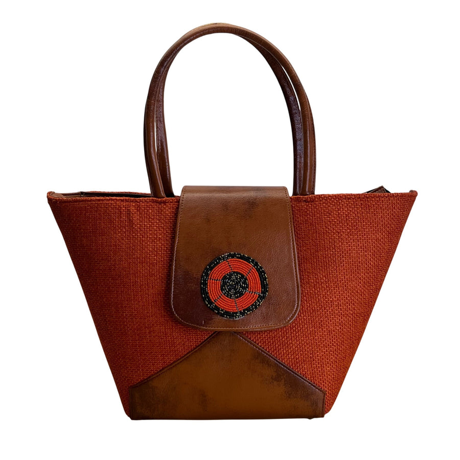 Handcrafted Orange & Brown Fabric With Beaded Accent & Leather Details Tote Bag