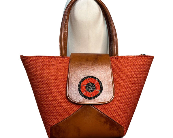 Handcrafted Orange & Brown Fabric With Beaded Accent & Leather Details Tote Bag