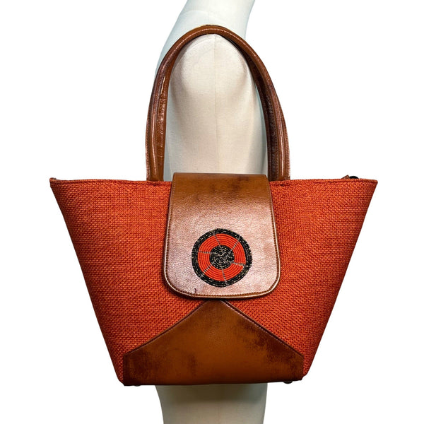 Handcrafted Orange & Brown Fabric With Beaded Accent & Leather Details Tote Bag