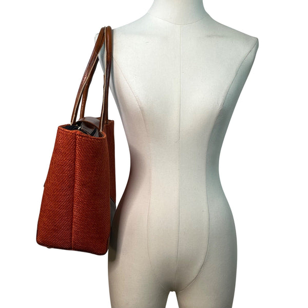 Handcrafted Orange & Brown Fabric With Beaded Accent & Leather Details Tote Bag