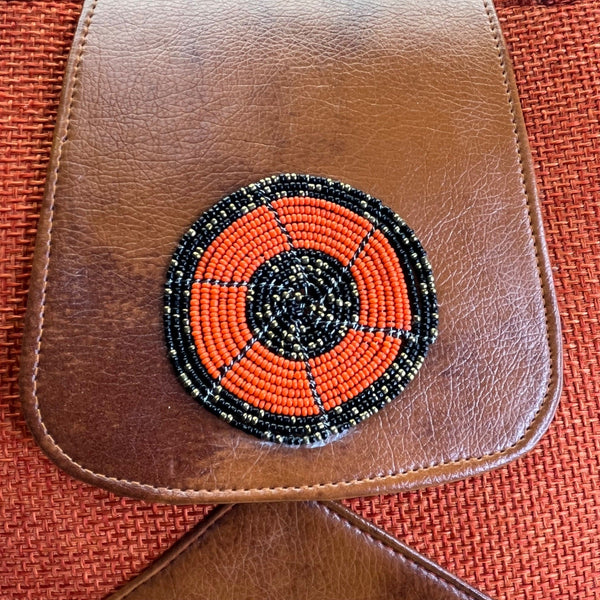 Handcrafted Orange & Brown Fabric With Beaded Accent & Leather Details Tote Bag
