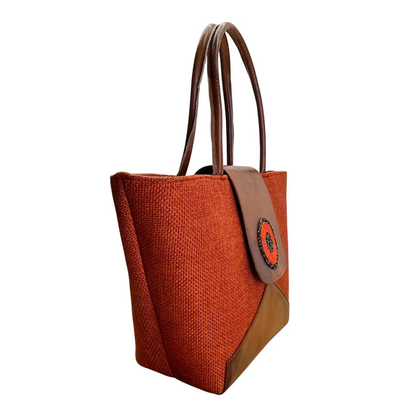 Handcrafted Orange & Brown Fabric With Beaded Accent & Leather Details Tote Bag