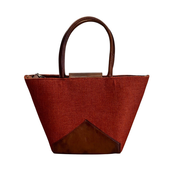 Handcrafted Orange & Brown Fabric With Beaded Accent & Leather Details Tote Bag