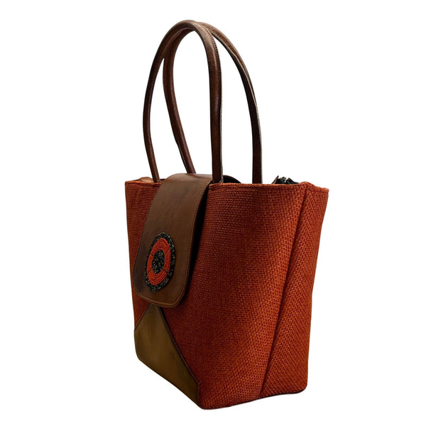 Handcrafted Orange & Brown Fabric With Beaded Accent & Leather Details Tote Bag