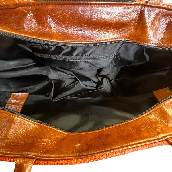 Handcrafted Orange & Brown Fabric With Beaded Accent & Leather Details Tote Bag