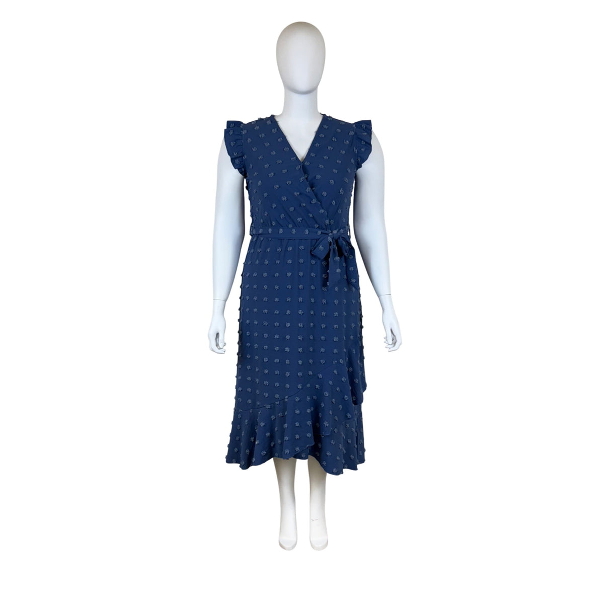 Btfbm Womens Blue Polyester Wrap Midi Dress With Ruffle Sleeves & Belt Size XL
