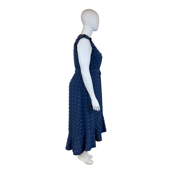 Btfbm Womens Blue Polyester Wrap Midi Dress With Ruffle Sleeves & Belt Size XL
