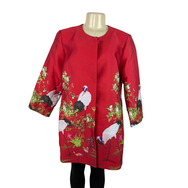 La Cera Women's Red Crane Print Long Jacket With Button Closures Size XL