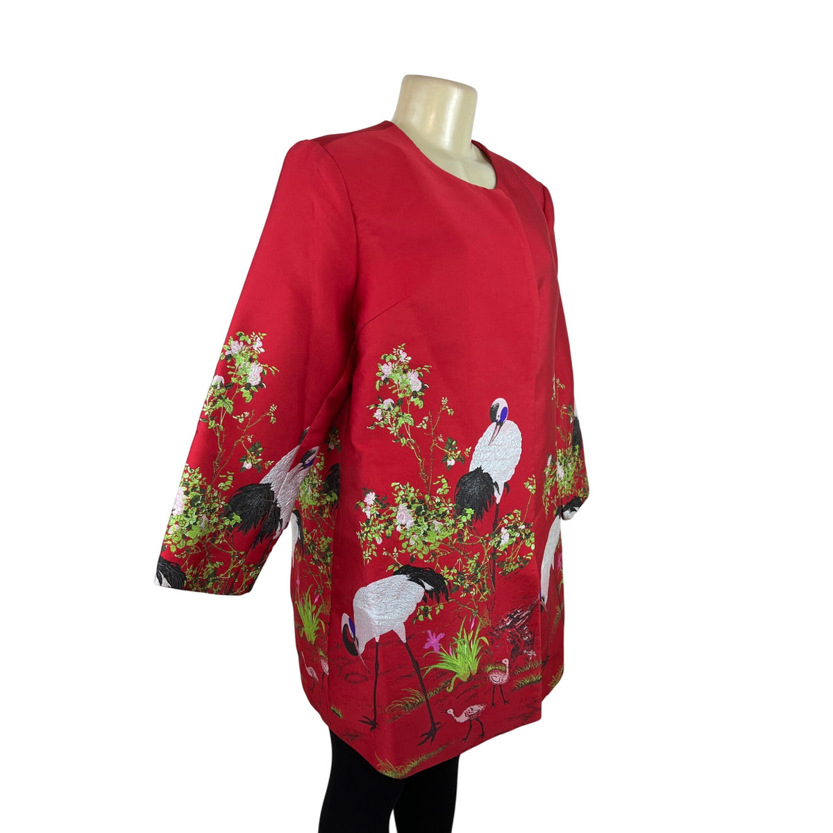 La Cera Women's Red Crane Print Long Jacket With Button Closures Size XL