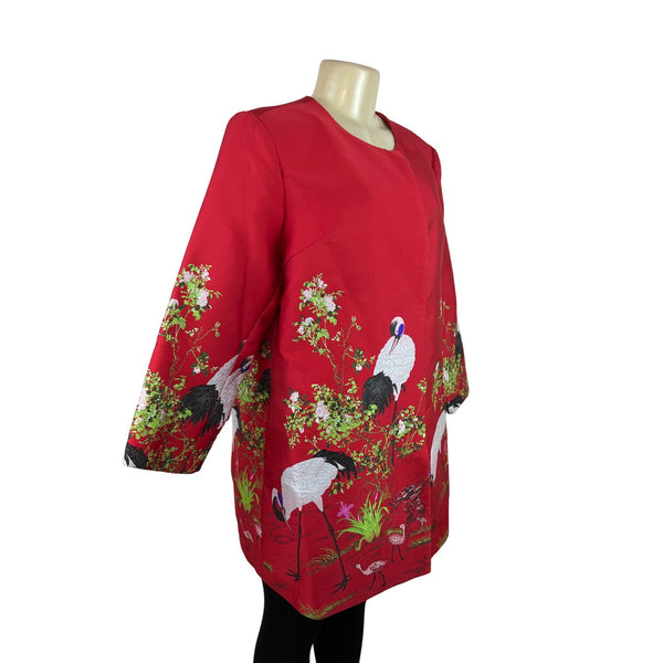 La Cera Women's Red Crane Print Long Jacket With Button Closures Size XL