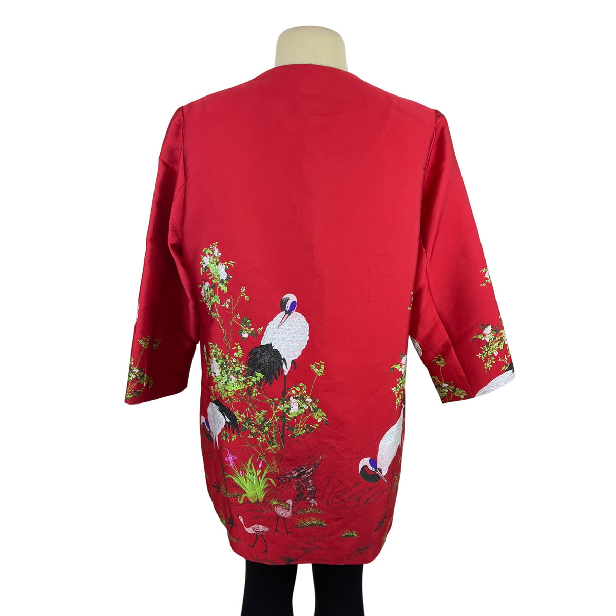 La Cera Women's Red Crane Print Long Jacket With Button Closures Size XL