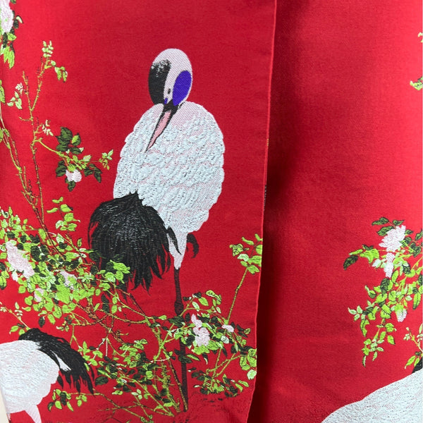 La Cera Women's Red Crane Print Long Jacket With Button Closures Size XL