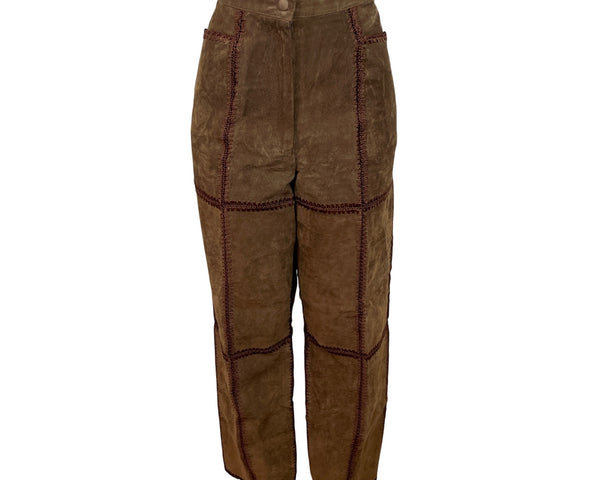 S.M.H. Vintage Brown Leather High-Waisted Loose-Fit Trousers Size 16