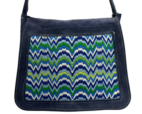 Handcrafted Navy Blue Suede With Chevron Pattern Front Panel Crossbody Bag