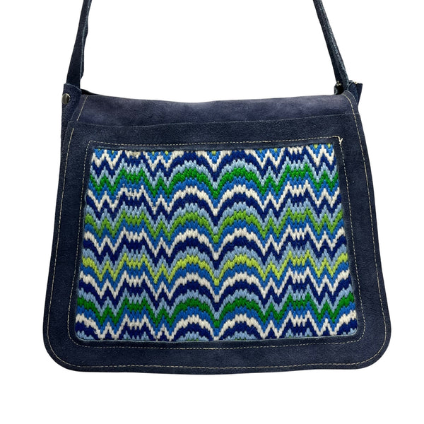 Handcrafted Navy Blue Suede With Chevron Pattern Front Panel Crossbody Bag