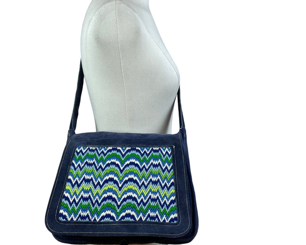 Handcrafted Navy Blue Suede With Chevron Pattern Front Panel Crossbody Bag