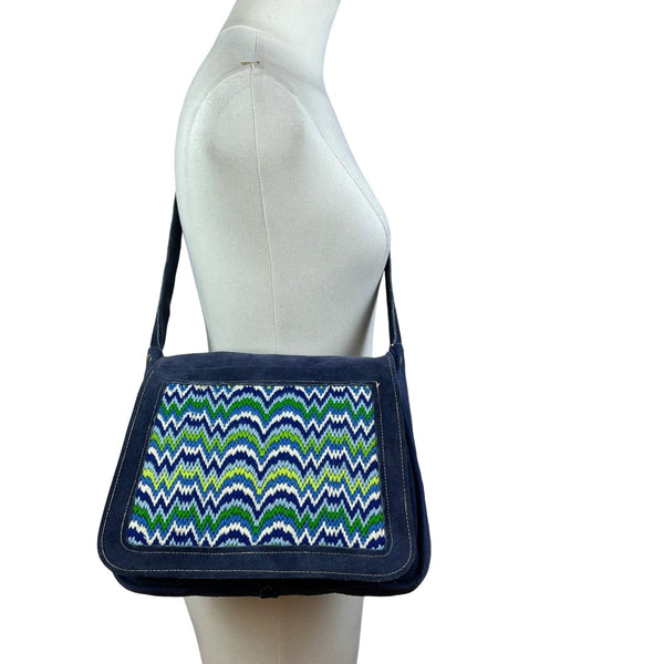 Handcrafted Navy Blue Suede With Chevron Pattern Front Panel Crossbody Bag