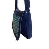 Handcrafted Navy Blue Suede With Chevron Pattern Front Panel Crossbody Bag
