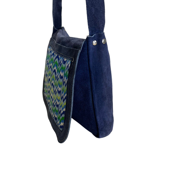 Handcrafted Navy Blue Suede With Chevron Pattern Front Panel Crossbody Bag