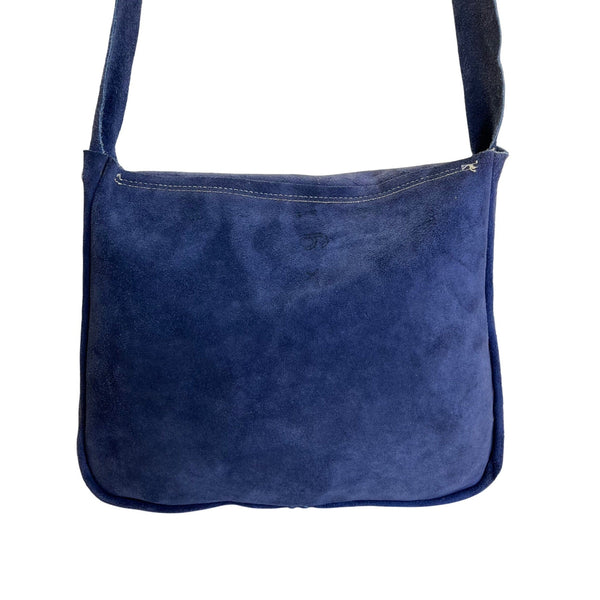 Handcrafted Navy Blue Suede With Chevron Pattern Front Panel Crossbody Bag