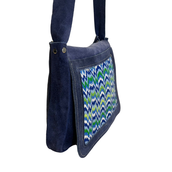 Handcrafted Navy Blue Suede With Chevron Pattern Front Panel Crossbody Bag
