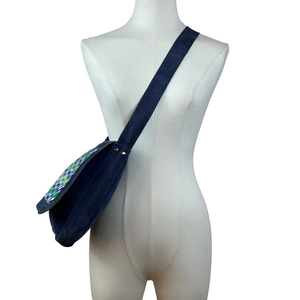Handcrafted Navy Blue Suede With Chevron Pattern Front Panel Crossbody Bag