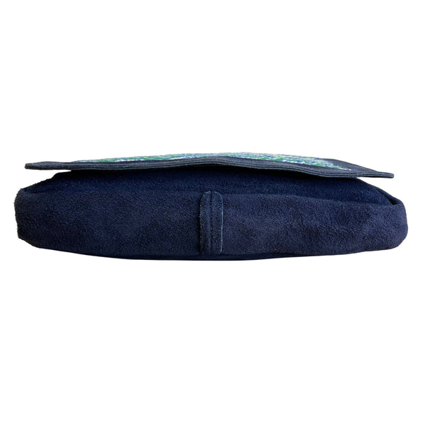 Handcrafted Navy Blue Suede With Chevron Pattern Front Panel Crossbody Bag