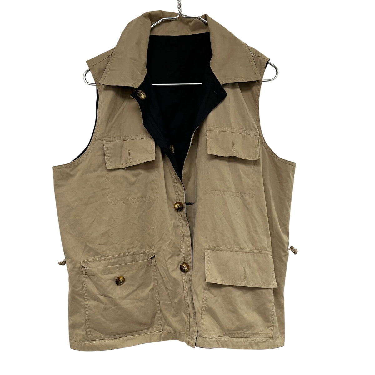 Title: Mens Beige Cotton Button-Up Utility Vest With Pockets Adjustable Waist Large