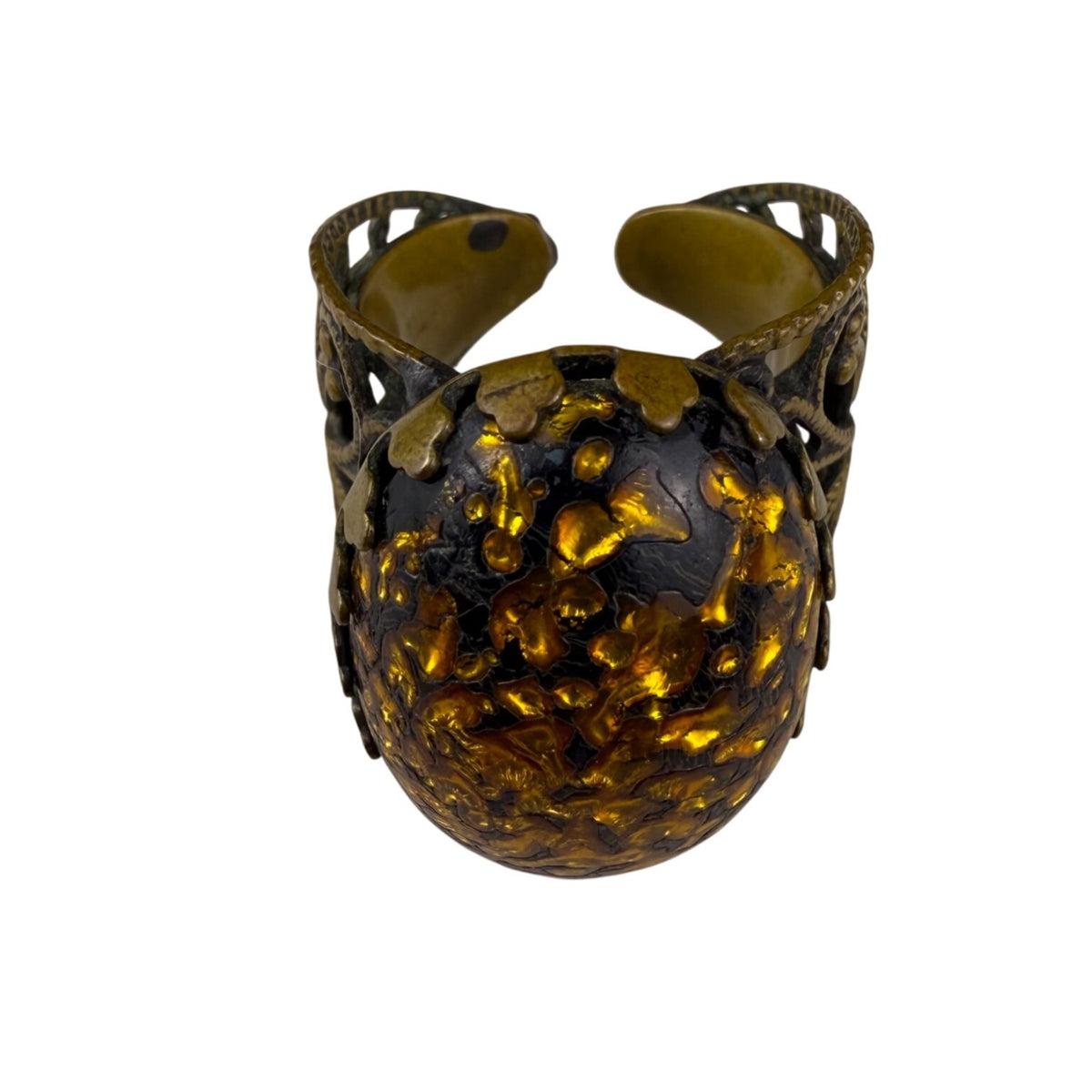 Vintage Kim® Womens Amber-Tone Adjustable Brass Filigree Cocktail Cuff Statement Ring