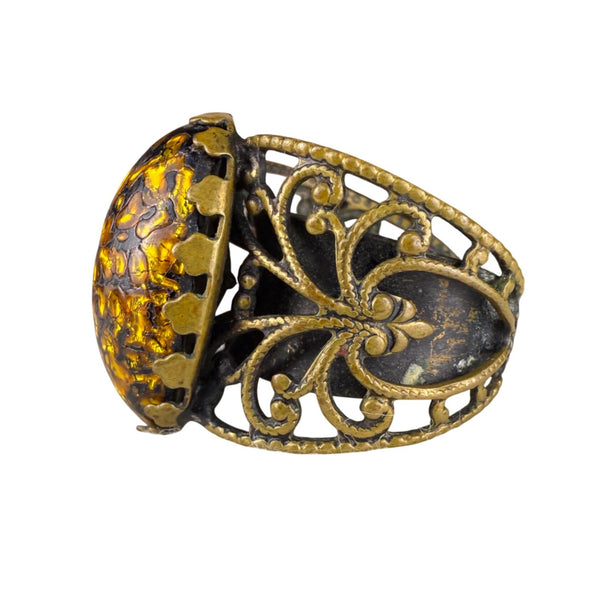 Vintage Kim® Womens Amber-Tone Adjustable Brass Filigree Cocktail Cuff Statement Ring