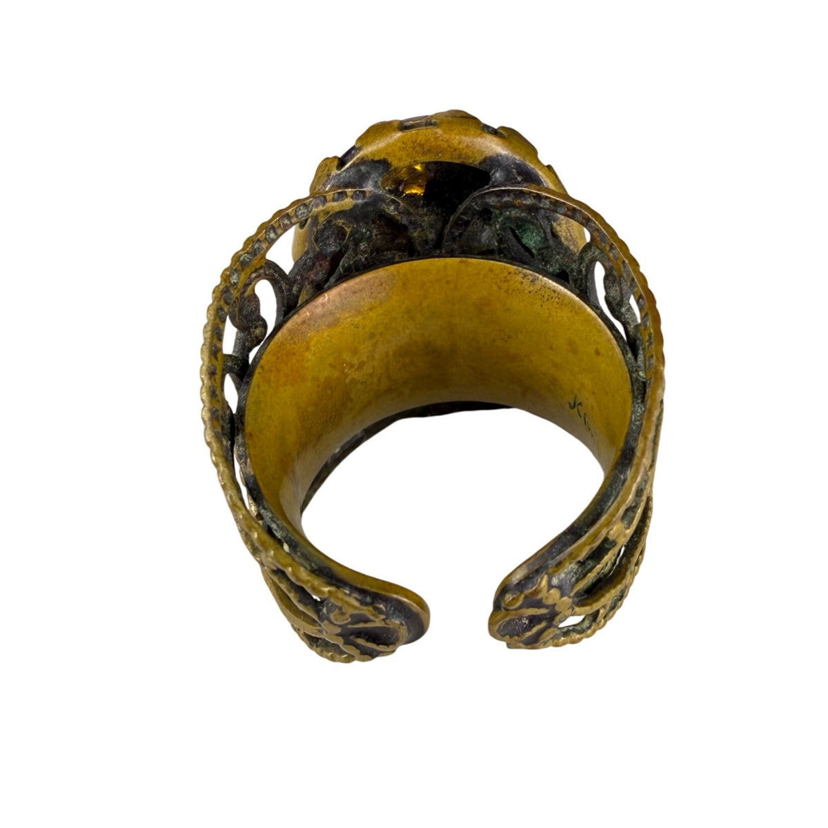 Vintage Kim® Womens Amber-Tone Adjustable Brass Filigree Cocktail Cuff Statement Ring