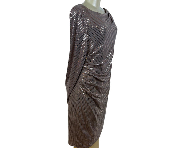 R&M Richard’s Brown Sequin Cocktail Dress Long Sleeve Drape Detail Shift Sz 14