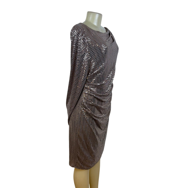 R&M Richard’s Brown Sequin Cocktail Dress Long Sleeve Drape Detail Shift Sz 14
